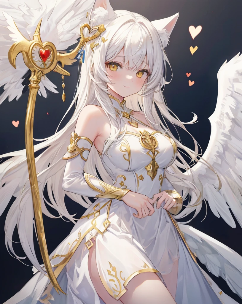  1catgirl, cat ears, (white long hair)) , oversaturated yellow eyes, intricate cool dress. Bare shoulders, white god dress with gold skirt. Portrait. Medium breast. Super detailed. Perfect anime yellow eyes, bare shoulders, white angel Wings. 
 Natural pose.  She's smiling , she's Smart . White fox tail. She's cupid .she is surrounded by gold hearts. She is surrounded by red hearts. She's flying (midair shot), (flying), As in Greek paintings, sexy pose