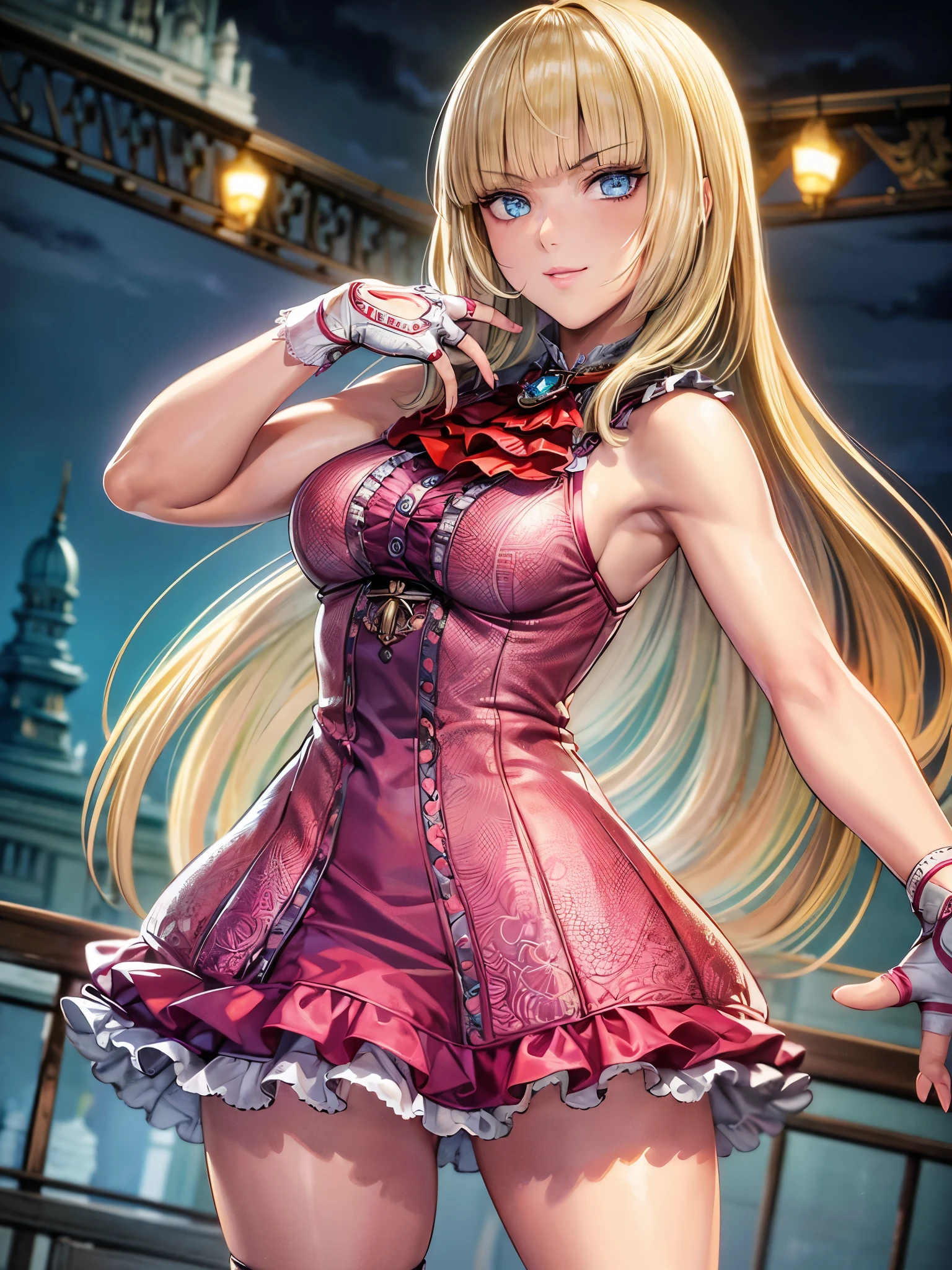 Armpit Show,No sleeve,Perfect Eyes:1.2, Detailed eyes:1.4, Emily T8, Blunt bangs, blue eyes, Long Hair, Blonde, Knee socks, Lace-up boots, Pink ruffle dress, frilled ascot, Fingerless gloves, smile, Red eyeshadow:1.2, compensate:1.2, Cowboy Shot, One girl, alone, (masterpiece:1.6, Highest quality), 8k, Insane Details, Intricate details, Super detailedな, super high quality, Attention to detail, Super detailed, Professional, High resolution, ray tracing reflection, Cinema Lighting,
