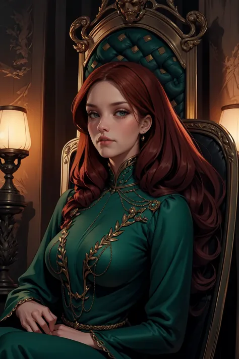 {-erro_de_anatomia:1.0} woman 40 years old, victorian era, queen clothes, (green dress), dark castle, a woman (alicent hightower...