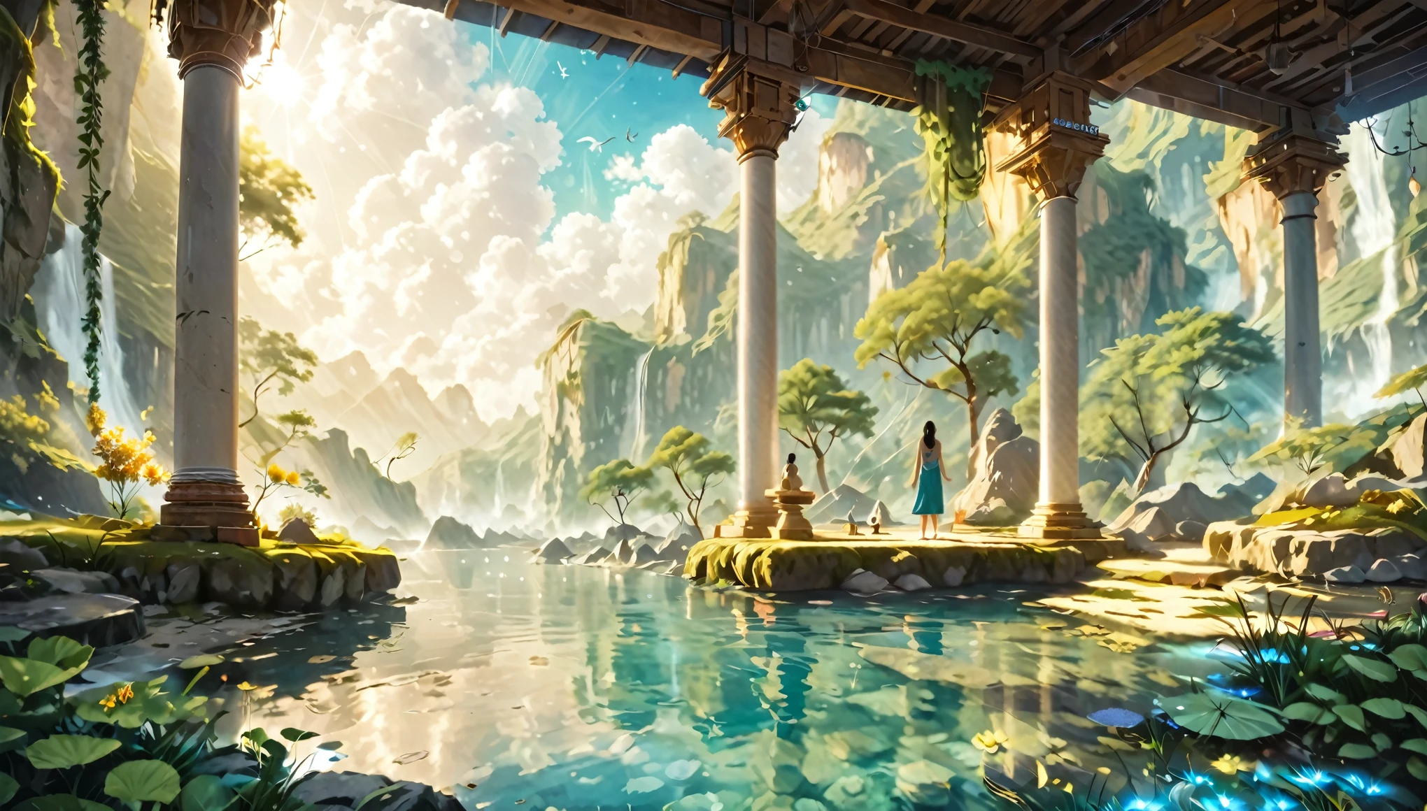 Namaste. Person meditating. Loose Clothes. Beautiful landscape of an enchanting valley. dream world. Symbols of nature. Feeling of Fullness. details Intricate. cinematic lighting