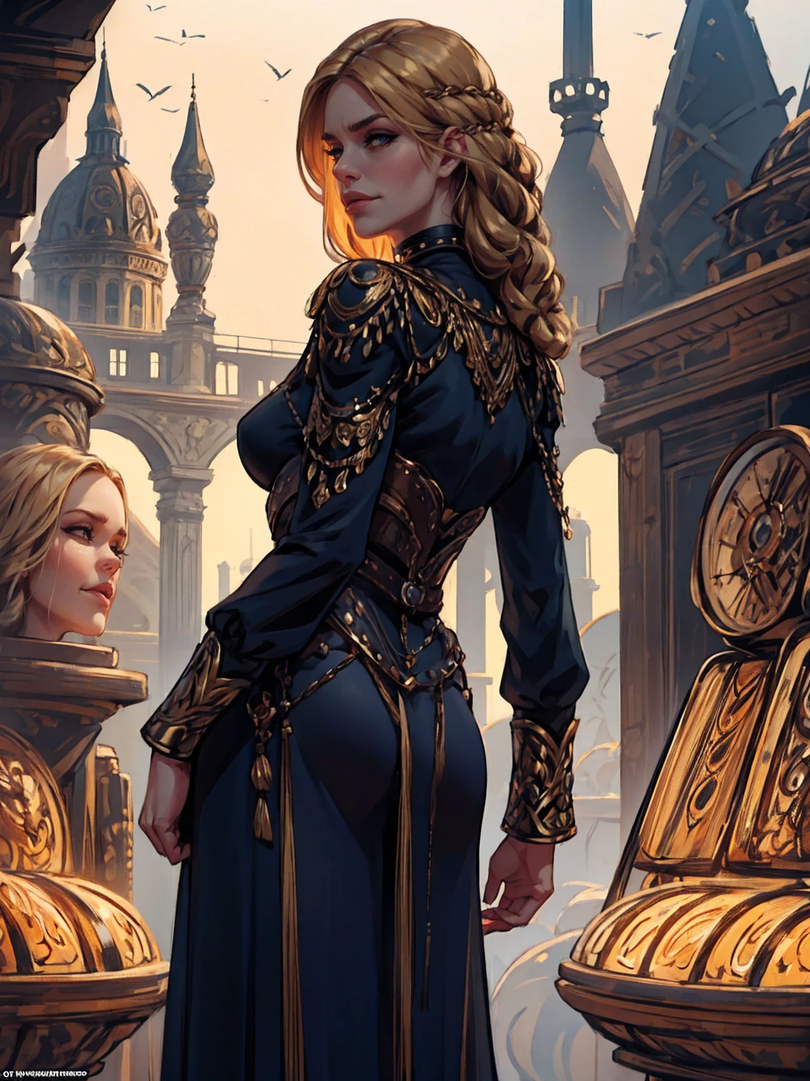 {-erro_de_anatomia:1.0}(Masterpiece - Ultra-Detailed, High Resolution) woman 40 years old, a woman (johanna constantine), wearing a brown overcoat , very long blond hair, curly hair, (blond hair), (dark blue 1 eyes), black choker . Indifferent look , merciless, dinamic poses, egoist smile, angry face, backwards, looking back