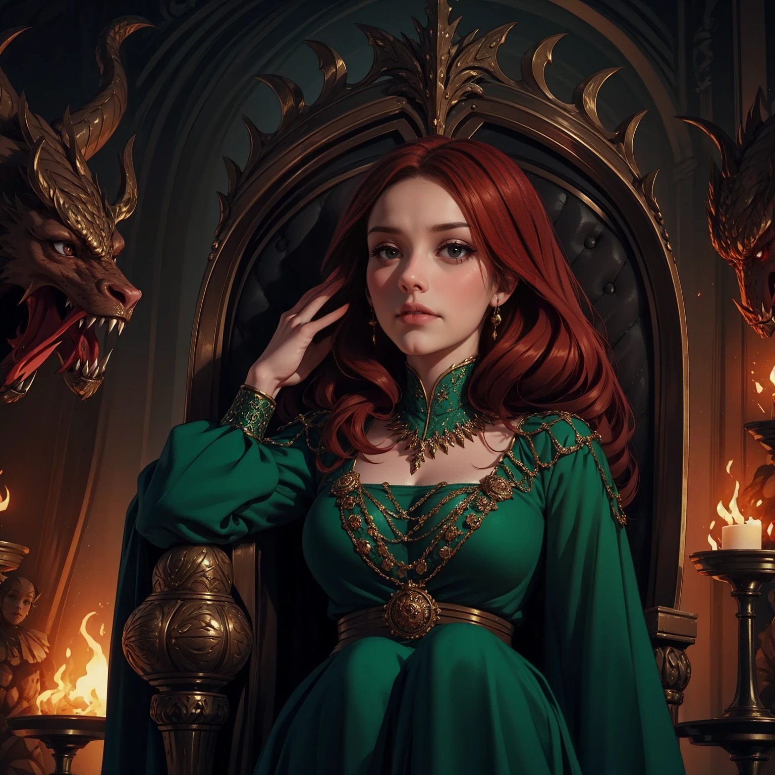 {-erro_de_anatomia:1.0} woman 40 years old, victorian era, queen clothes, (green dress), dark castle, a woman (alicent hightower), meddium dark red hair (dark red hair), (brown eyes) . Indifferent look , merciless. among the dragons, dinamic poses, egoist smile, upper body, sitting in the iron throne