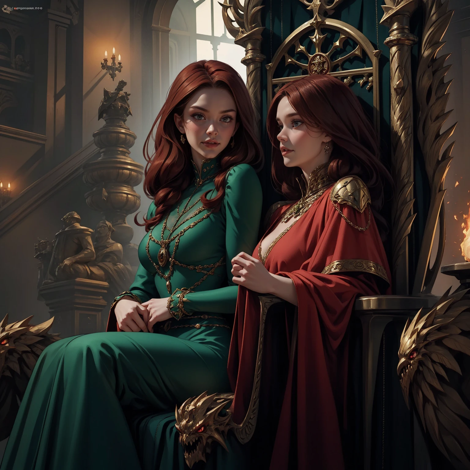 {-erro_de_anatomia:1.0} woman 40 years old, victorian era, queen clothes, (green dress), dark castle, a woman (alicent hightower), meddium dark red hair (dark red hair), (brown eyes) . Indifferent look , merciless. among the dragons, dinamic poses, egoist smile, upper body, sitting in the iron throne