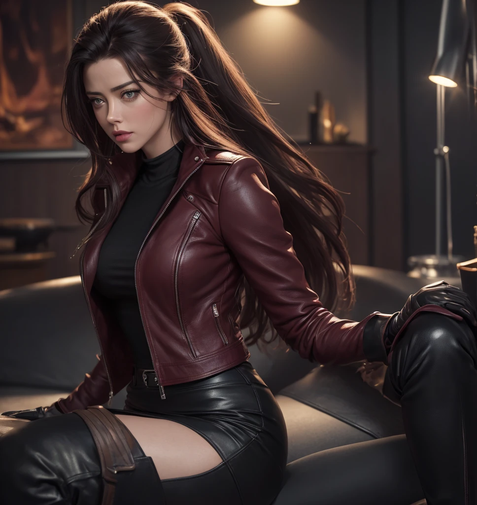 a AMBER HEARD with a perfect figure, wearing a burgundy leather jacket and a black pencil skirt, leather gloves, boots, chest jewelry, medium-sized bust, full-length, photograph, best quality, extremely detailed face, (best quality,4k,8k,highres,masterpiece:1.2),ultra-detailed,(realistic,photorealistic,photo-realistic:1.37),HDR,UHD,studio lighting,ultra-fine painting,sharp focus,physically-based rendering,extreme detail description,professional,vivid colors,bokeh,portrait