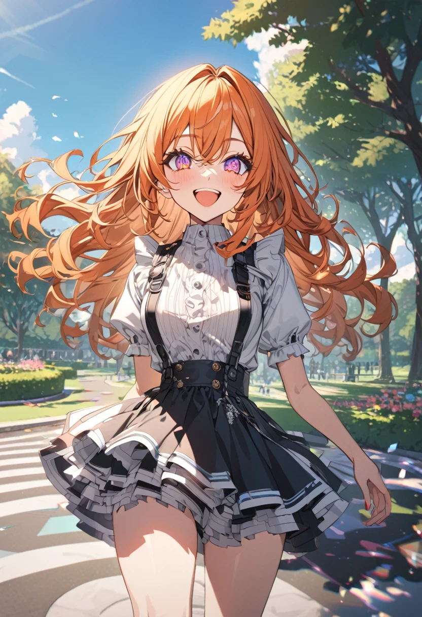 anime girl,  orange hair , pinck eyes, ultra detailed, model clothes, ultra detailed, ultra detailed eyes, beautiful, park background, happy 