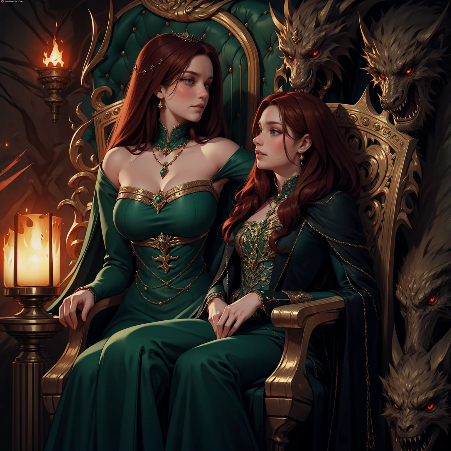 {-erro_de_anatomia:1.0} woman 40 years old, victorian era, queen clothes, (green dress), dark castle, a woman (alicent hightower), meddium dark red hair (dark red hair), (brown eyes) . Indifferent look , merciless. among the dragons, dinamic poses, egoist smile, upper body, sitting in the iron throne