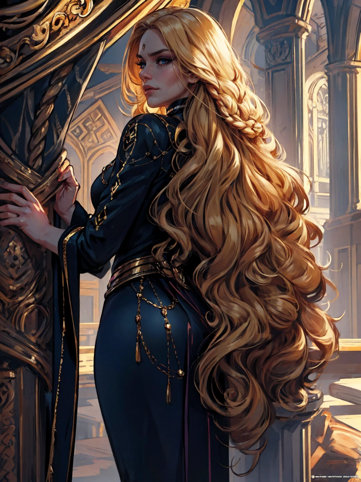 {-erro_de_anatomia:1.0}(Masterpiece - Ultra-Detailed, High Resolution) woman 40 years old, a woman (johanna constantine), wearing a brown overcoat , very long blond hair, curly hair, (blond hair), (dark blue 1 eyes), black choker . Indifferent look , merciless, dinamic poses, egoist smile, angry face, backwards, looking back
Completed99% 
