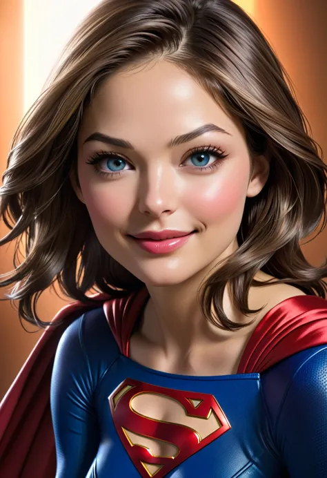 kristin kreuk as supergirl, wearing sexy supergirl costume, very beautiful, cleavage, (highly detailed skin: 1.2), beautiful smi...