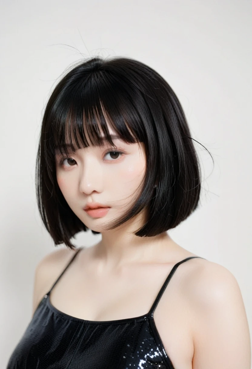 Masterpiece,best quality,solo, 1 beautiful Japanese girl,17 years old,(sparkling black eyes,slant eyes),(pale skin),(black hair,blunt bangs, bob cut:1.5),(big breasts:1.2),