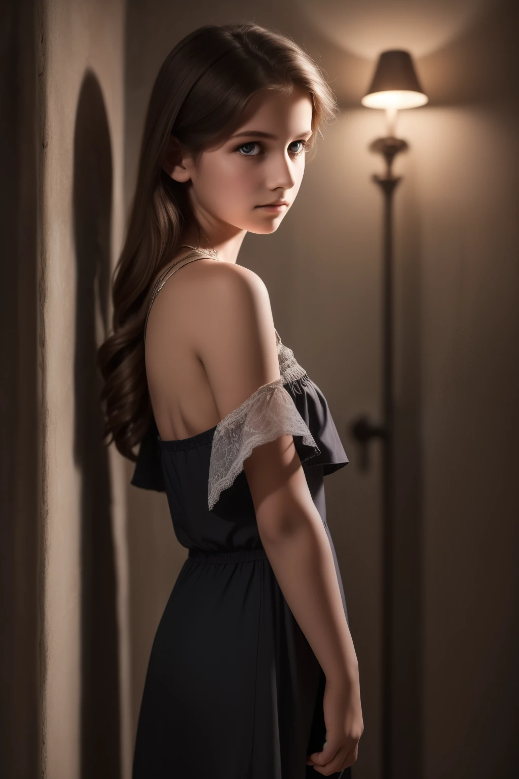 12 years old eleonora girl ,full body, professional, photoshoot Best quality, masterpiece, ultra high res, (photorealistic:1.4), raw photo, 1girl, offshoulder, in the dark, deep shadow, low key, cold light, detailed skin, casual dress
