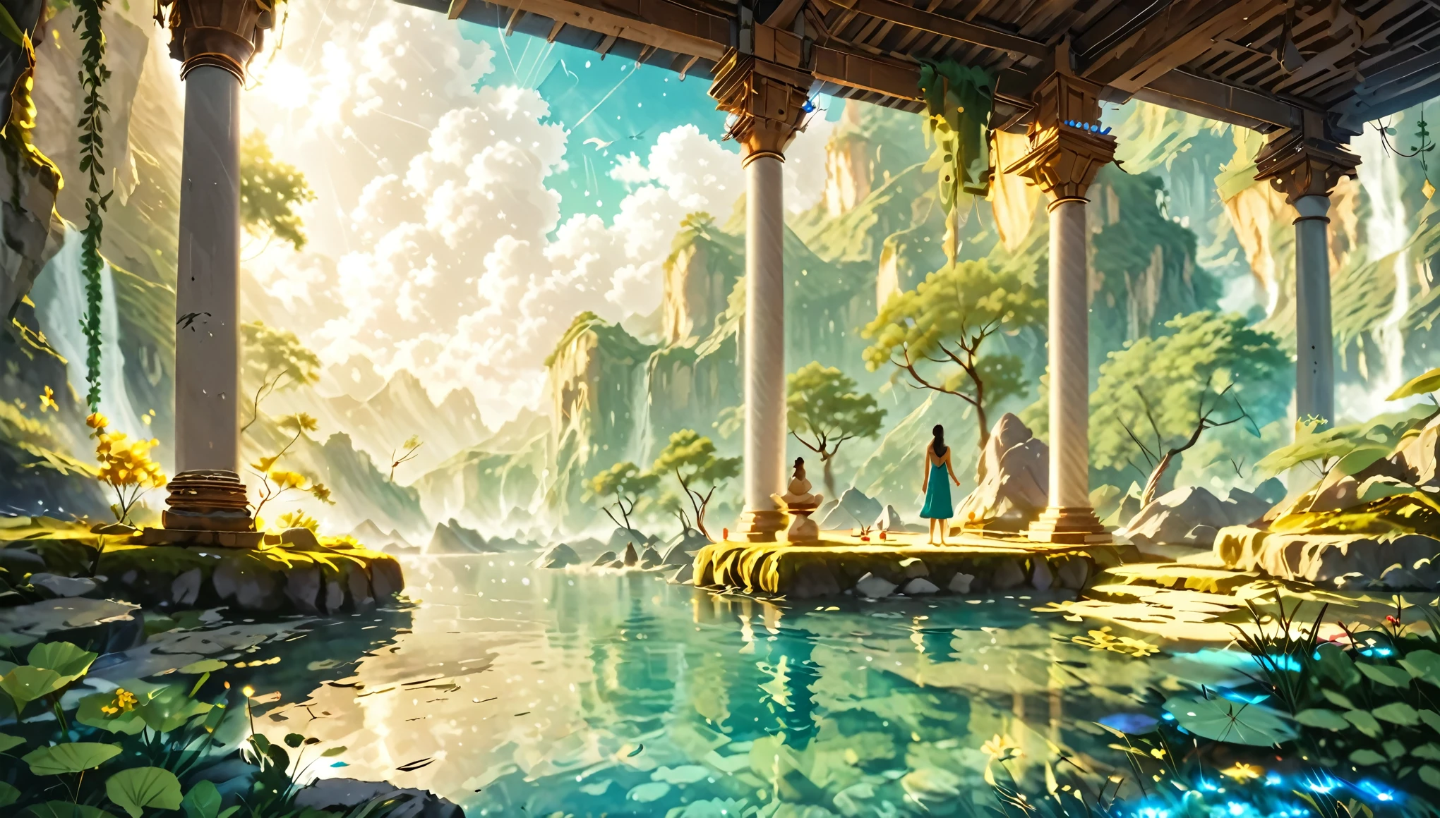 Namaste. Person meditating. Loose Clothes. Beautiful landscape of an enchanting valley. dream world. Symbols of nature. Feeling of Fullness. details Intricate. cinematic lighting