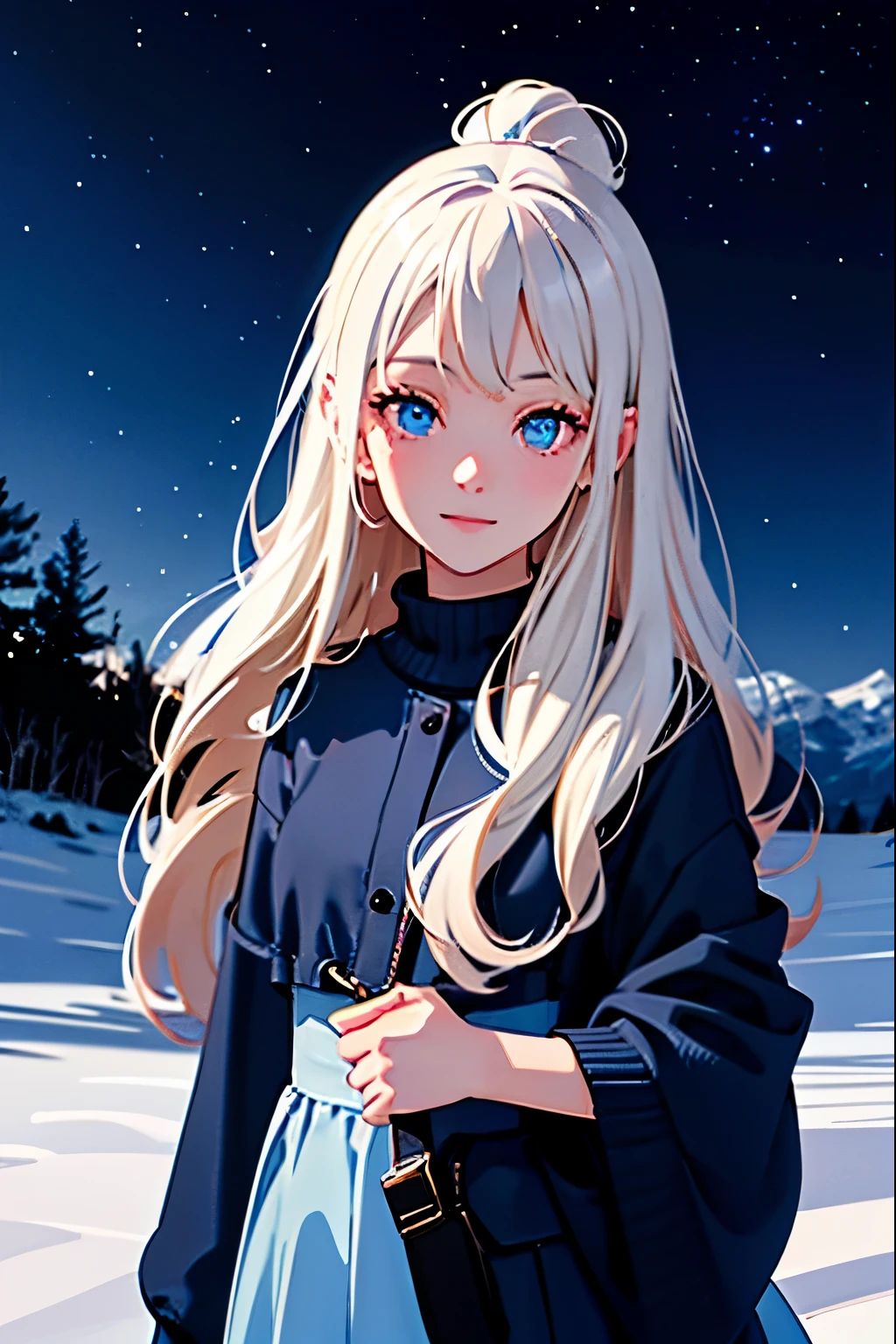 hills night sky. winter, winter colors, winter landscape, sky with stars, sky colors prussian blue cobalt blue purple cyan. planets, bright stars, shooting stars, windblown treetops moved by the wind, thre beautiful blonde girl in winter clothes observes the starry sky with a dreamy look.