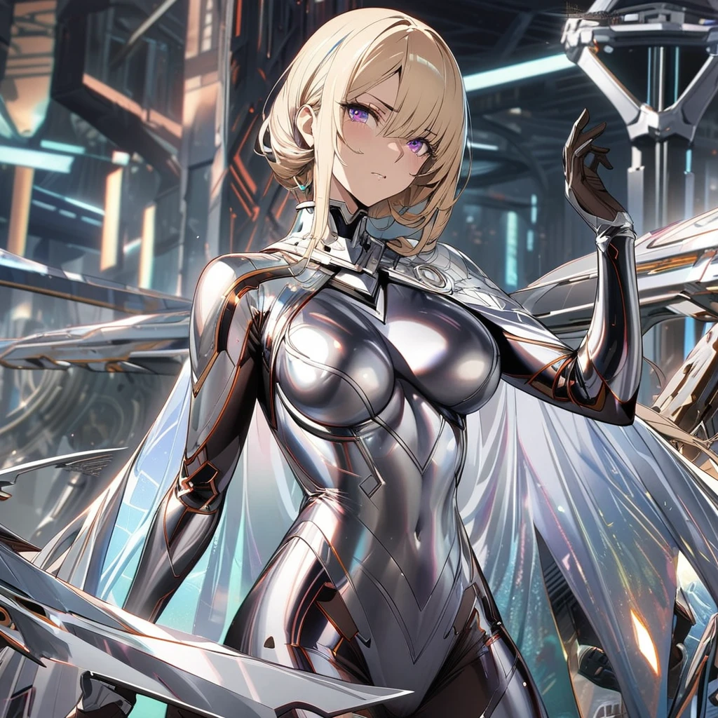 A female character in a strong, confident pose, wearing an outfit that fits the 'Steel Illusion' power. She is dressed in a sleek, metallic bodysuit with intricate, shimmering patterns resembling steel plates. Her gloves are long and metallic, while her boots are armored and have a futuristic design. She wears a semi-transparent cape that shimmers like flowing steel. She is surrounded by faint, illusionary steel structures, with one hand raised as if controlling them. The background is a simple, dimly lit industrial setting, focusing on her and her illusions, sexy, nude, hot, gorgeous, beautiful, very hot, best body, best breast, detailed gorgeous face| anime style| key visual| intricate detail| highly detailed| breathtaking| vibrant| panoramic| cinematic| Carne Griffiths| Conrad Roset| gibbli 8k.