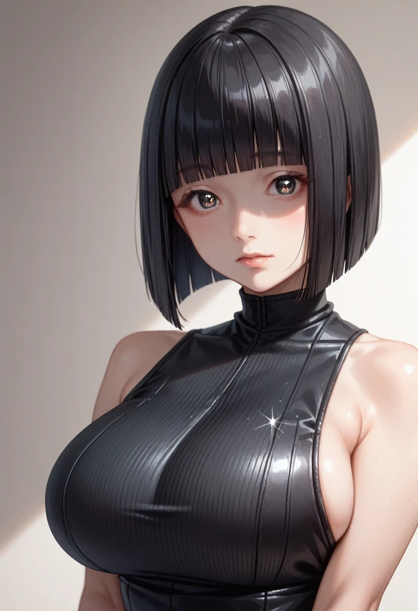 Masterpiece,best quality,solo, 1 beautiful Japanese girl,17 years old,(sparkling black eyes,slant eyes),(pale skin),(black hair,blunt bangs, bob cut:1.5),(big breasts:1.2),