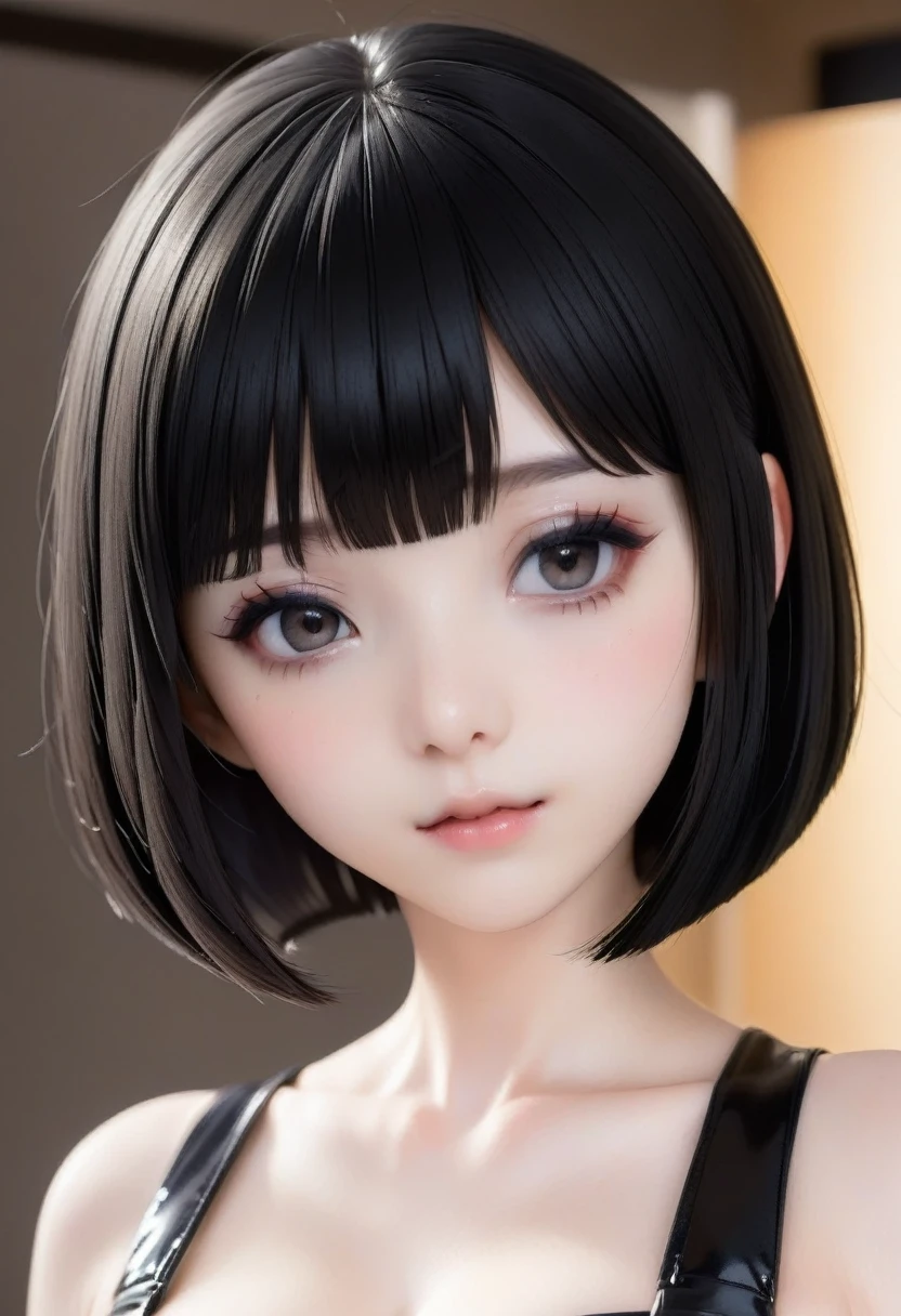 Masterpiece,best quality,solo, 1 beautiful Japanese girl,17 years old,(sparkling black eyes,slant eyes),(pale skin),(black hair,blunt bangs, bob cut:1.5),(big breasts:1.2),