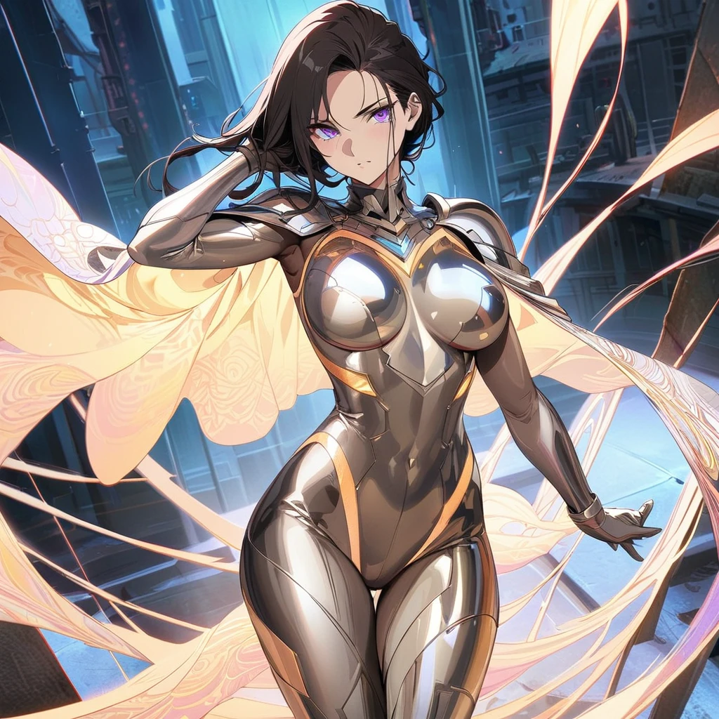 A female character in a strong, confident pose, She is dressed in a sleek, metallic bodysuit with intricate, shimmering patterns resembling steel plates. Her gloves are long and metallic, while her boots are armored and have a futuristic design. She wears a semi-transparent cape that shimmers like flowing steel, with one hand raised, The background is a simple, dimly lit industrial setting, sexy, nude, hot, gorgeous, beautiful, very hot, best body, best breast, detailed gorgeous face| anime style| key visual| intricate detail| highly detailed| breathtaking| vibrant| panoramic| cinematic| Carne Griffiths| Conrad Roset| gibbli 8k.