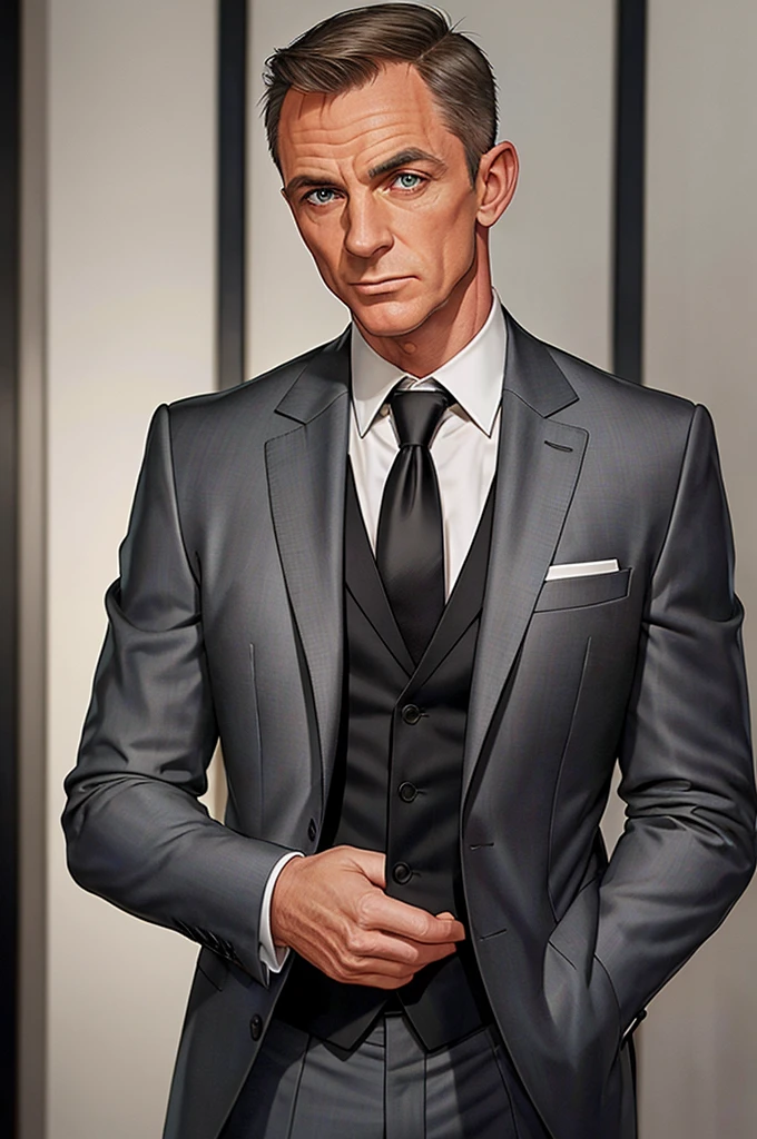 James Bond A professionally dressed male in his mid-40s, featuring short, 1-inch buzzed hair that is slightly receding and thin. The hair has subtle grey streaks. He's wearing a well-tailored dark grey three-piece suit, complete with a vest, jacket, and trousers. His black collared shirt and matching tie are tastefully chosen to work well with the suit. The backdrop is a realistic high-rise office setting, giving the impression that this is a professional portrait taken at his desk.