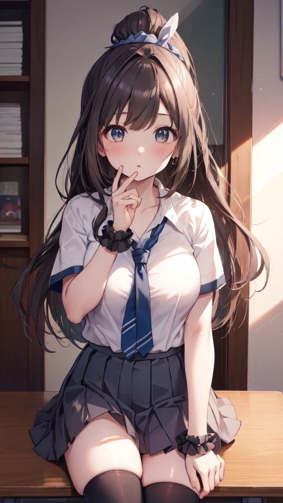 Pov、standing,(reaching out:1.3)、(high ponytail:1.3)、(school uniform, short sleeve:1.3)、a miniskirt、(hair adornments:1.2)、(Wrap a scrunchie around your left wrist:1.2)、(Black High Socks:1.3)、、clear eyes、8k、10yo student、Top image quality、Masterpiece、perfect anatomia、Kogal、Plump thighs、piece sign、bich、schools、Absolute Area、huge tit