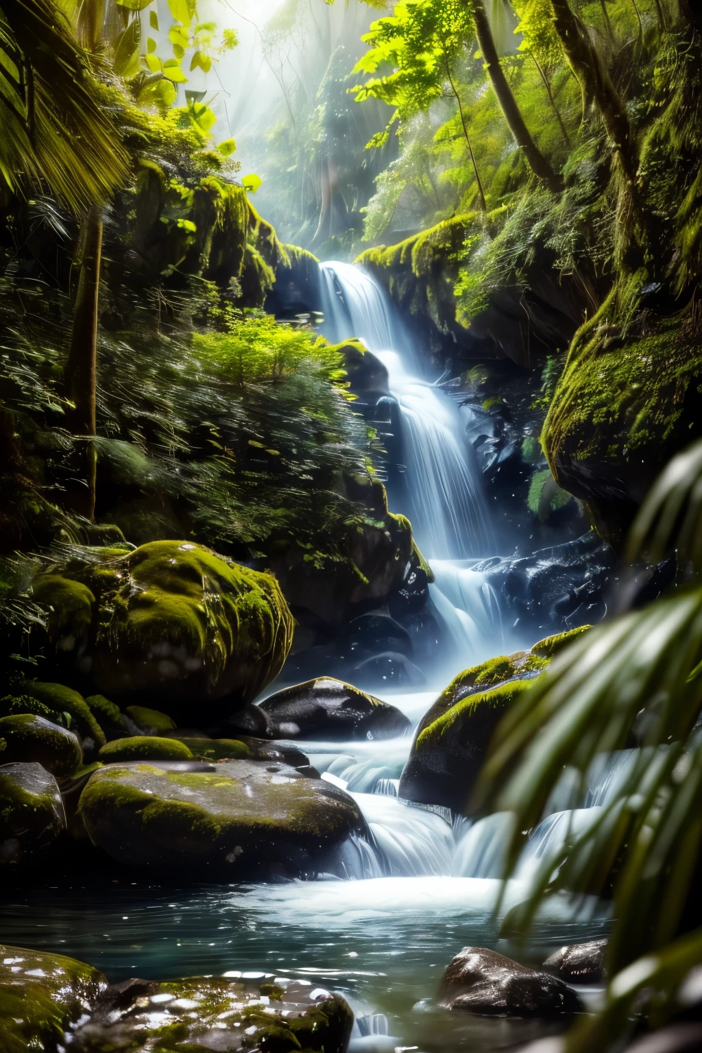 (Masterpiece, Best Quality, High Quality, Highres:1.4), Detailed, Extremely Detailed, Ambient Soft Lighting, 4K,Blurry, Blurry Background, Depth of Field, Bokeh, DOF, Fog, Bloom, Outdoors, (Nature, tropical forest:1.2), (Rocks:1.2), Mountais, Plants, waterfall,