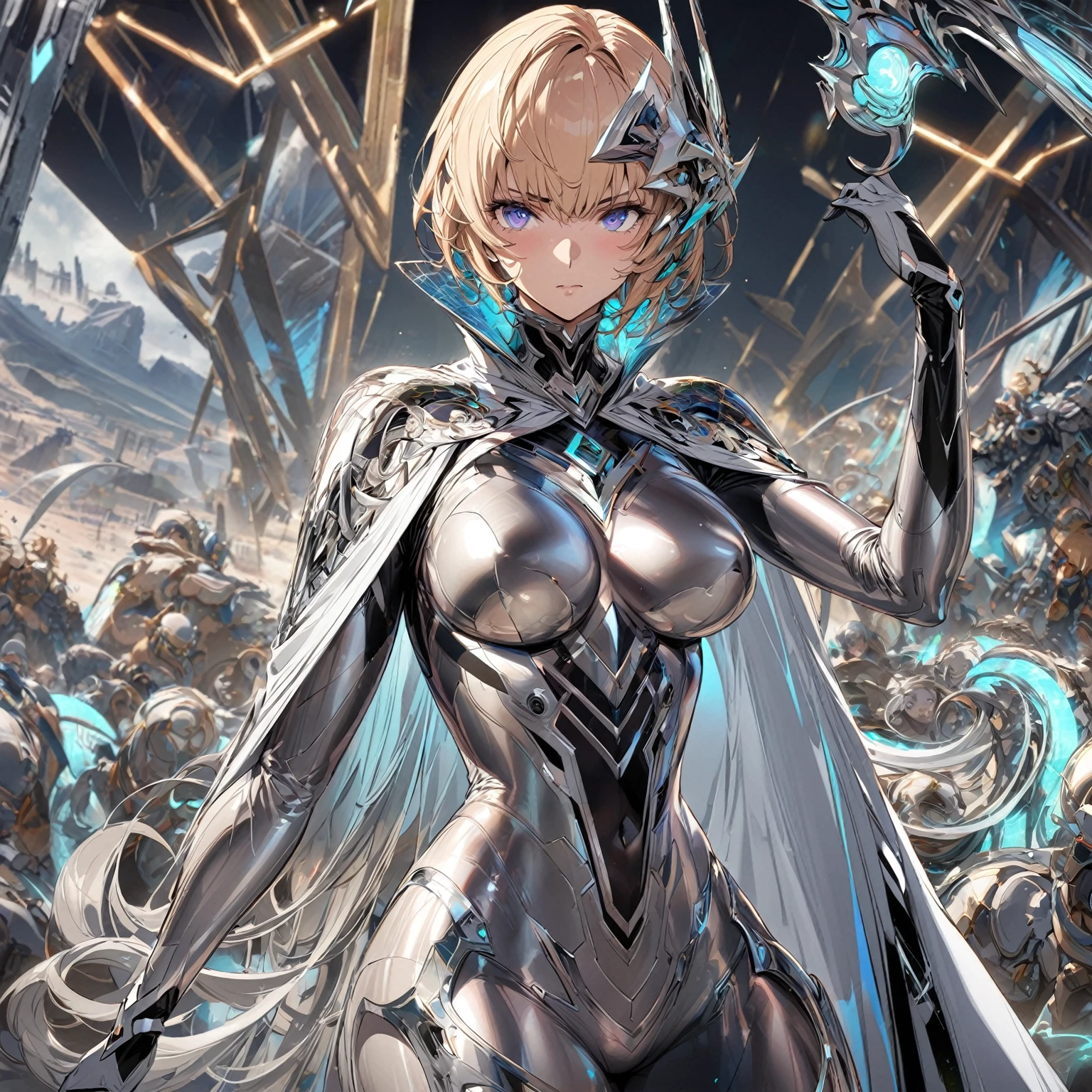 A female character in a strong, confident pose, wearing an outfit that fits the 'Steel Illusion' power. She is dressed in a sleek, metallic bodysuit with intricate, shimmering patterns resembling steel plates. Her gloves are long and metallic, while her boots are armored and have a futuristic design. She wears a semi-transparent cape that shimmers like flowing steel. She is surrounded by faint, illusionary steel structures, with one hand raised as if controlling them. The background is a simple, dimly lit industrial setting, focusing on her and her illusions, sexy, nude, hot, gorgeous, beautiful, very hot, best body, best breast, detailed gorgeous face| anime style| key visual| intricate detail| highly detailed| breathtaking| vibrant| panoramic| cinematic| Carne Griffiths| Conrad Roset| gibbli 8k.