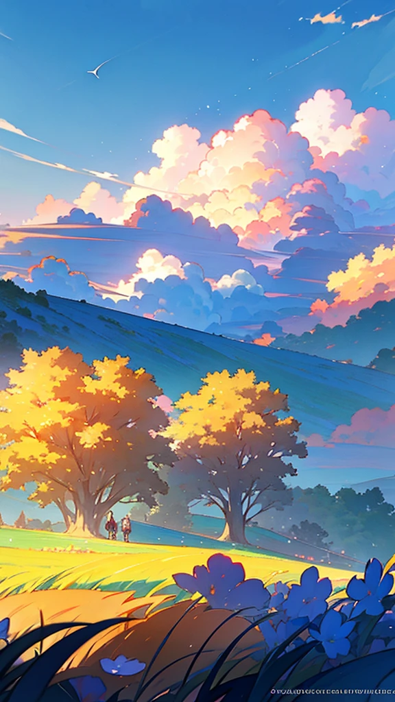 Anime landscape of a field with flowers and airplanes in the sky, beautifull puffy clouds. Anime, anime clouds, anime countryside landscape, Anime landscapes, by Ross Tran. scenic background, detailed scenery —width 672, rhads and lois van baarle, style of makoto shinkai, studio glibly makoto shinkai