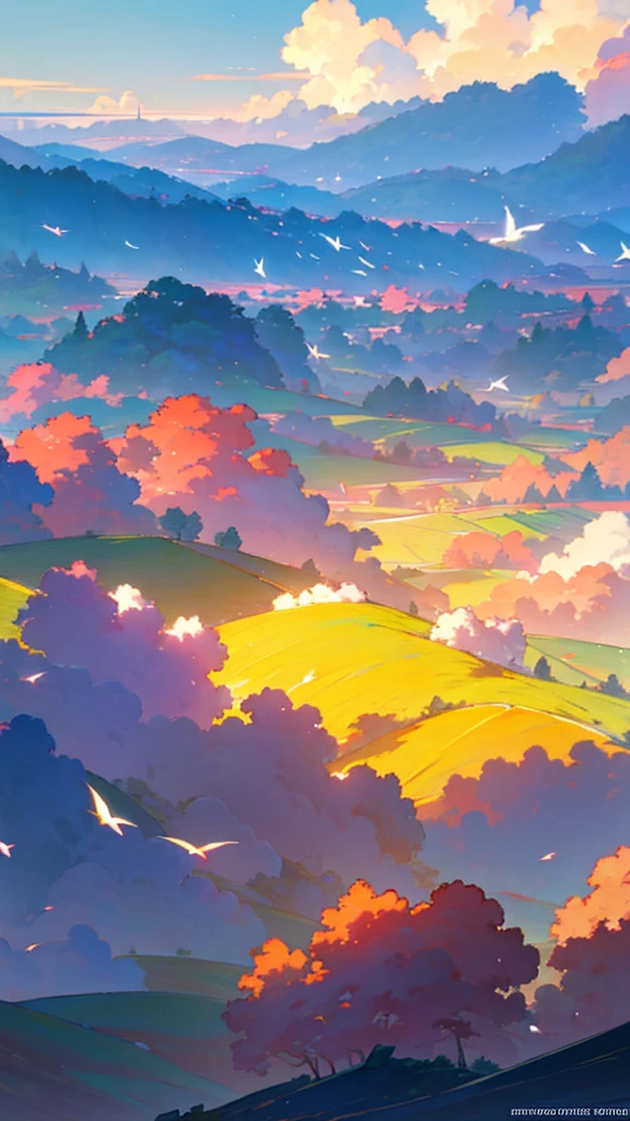 Anime landscape of a field with flowers and airplanes in the sky, beautifull puffy clouds. Anime, anime clouds, anime countryside landscape, Anime landscapes, by Ross Tran. scenic background, detailed scenery —width 672, rhads and lois van baarle, style of makoto shinkai, studio glibly makoto shinkai