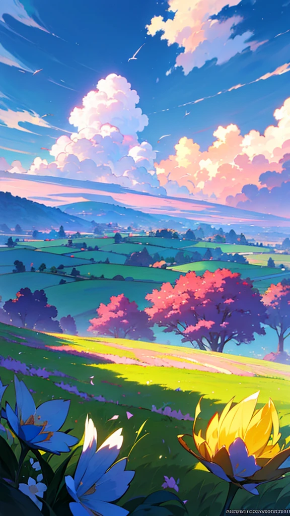 Anime landscape of a field with flowers and airplanes in the sky, beautifull puffy clouds. Anime, anime clouds, anime countryside landscape, Anime landscapes, by Ross Tran. scenic background, detailed scenery —width 672, rhads and lois van baarle, style of makoto shinkai, studio glibly makoto shinkai