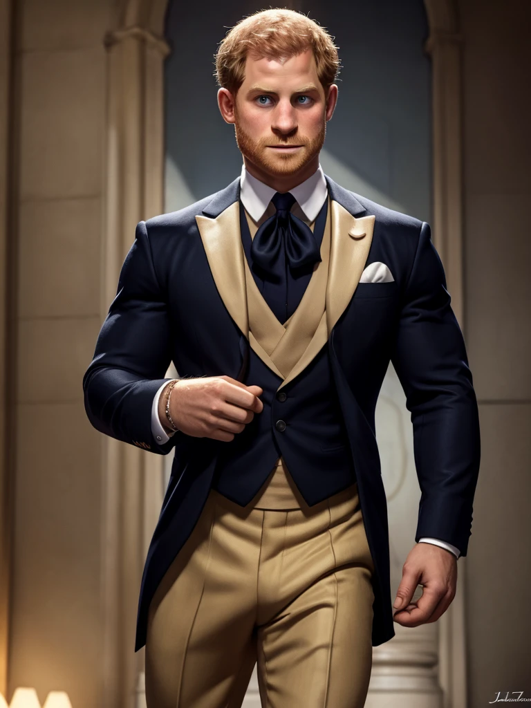 lustration in Leyendecker style : Muscular and pumped-up Prince Harry as James Bond , Agent 007, in an expensive suit