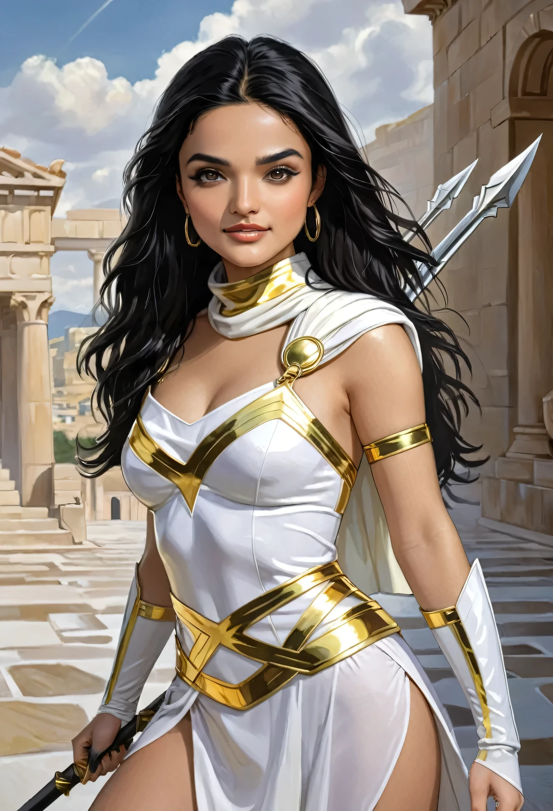 Rachel Zegler, sexy Greek superheroine who is a demigoddess , green eyes and long black hair. She wears a black and gold outfit , She has bracelets that are silver, and has long white boots with a golden outline . she holds a long spear , She also wears a gold scarf around her waist... portrait photography by , no estilo do realismo, shining skin, , natural lighting, Defined full lips. Muscular fitness female body (Therapy) (cookie smile) (shield on her back)
