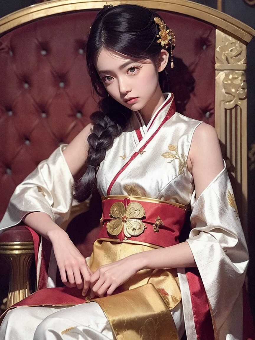 One Girl, ((Throne)), (Liang Badou), Nice, gold and silver, silk, gem, flower and bird paintings, ancient China, Royal Family, Nice,Sitting, Wide sleeves, dress, Blurred, Sleeveless, Traditional Media, Braiding, Traditional attire, Cowboy Shot,