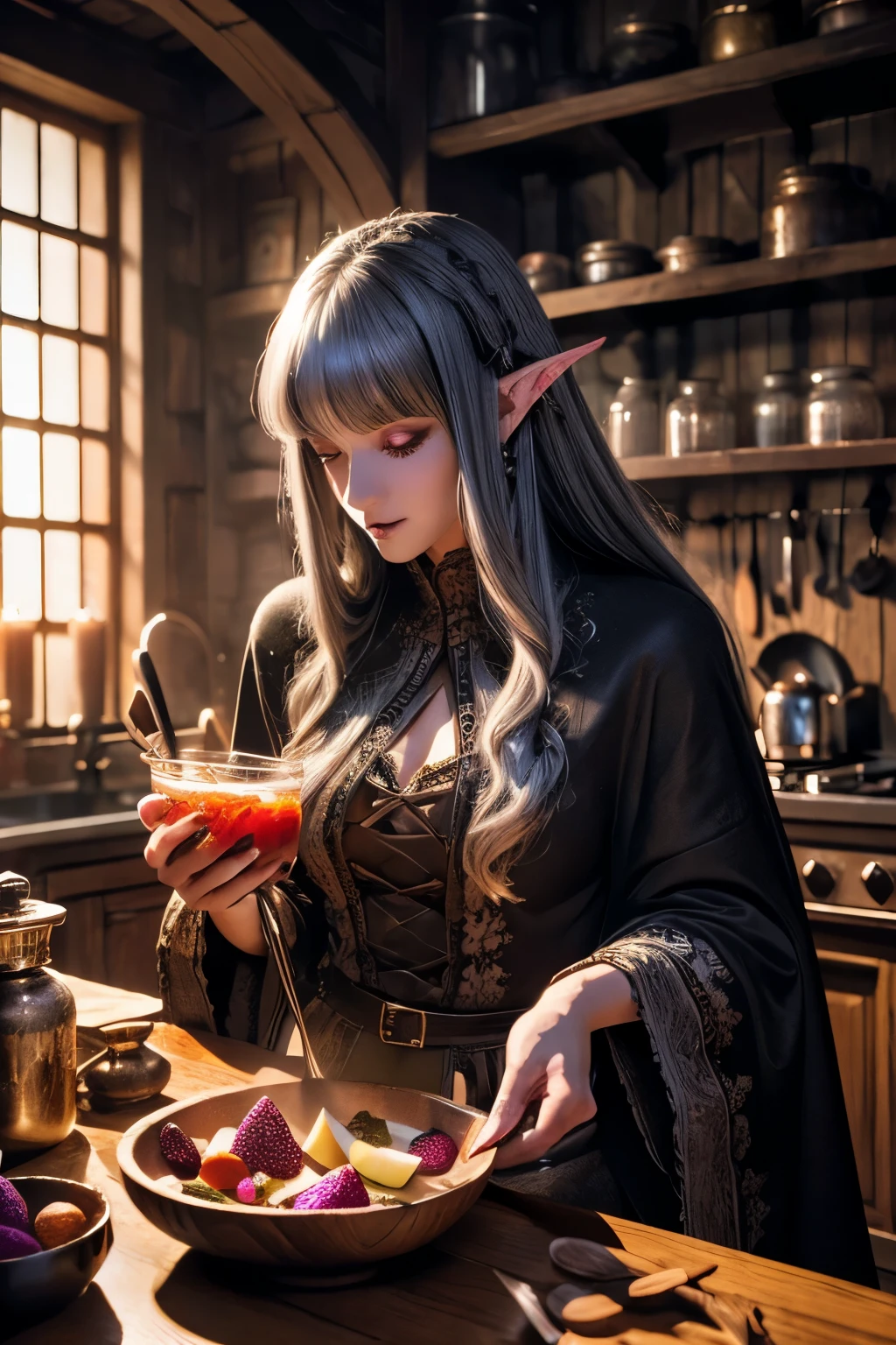 (Ultra-detailed face, looking away, Fantasy Illustration with Gothic, Ukiyo-e, Comic Art, Rich colors), 
BREAK 
(This is the kitchen of a medieval Scandinavian-style mansion made of stone and wood. The shelves are lined with jars of herbs and spices.), 
BREAK 
(DarkElves: A middle-aged dark elf woman with silver color hair, blunt bangs, very long disheveled hair and dark purple color skin, lavender color eyes), 
BREAK 
(A female dark elf wears a reddish-bronze lace robe with reliefs and soft slippers.), 
BREAK 
(A dark elf woman is happily making a fruit salad bowl with herbs in the kitchen. In her hand she holds a large wooden fork.)