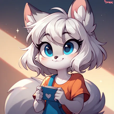 little fox, female, white hair, silver fur, blue eyes, cute kid, alone, white hair, cute, kid, by diives