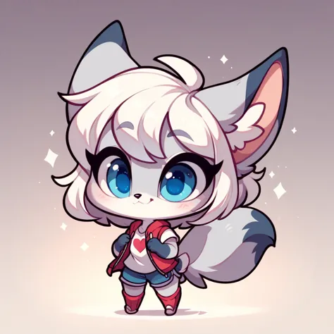 little fox, female, white hair, silver fur, blue eyes, cute kid, alone, white hair, cute, kid, chibi, big body, by diives