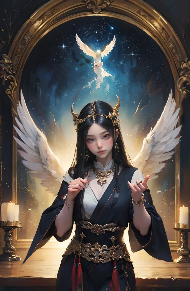 (Tabletop, Highest qualityの, (((((woman)))))、Highest quality, Official Art, (beautifully、beautiful:1.4), (Oil painting:1.4) ),（（male））  (lucifer), God of Japanese God Stories々々, fleeting beauty, A mysterious god illuminated by the starry sky, Winged Angel、god&#39;Grace, Calm and thoughtful expression, Flowing Heavenly Robe, Dazzling silver stars light up the night view, Dance of shadows and lights, Whispers of Ancient Legends、Very slender、