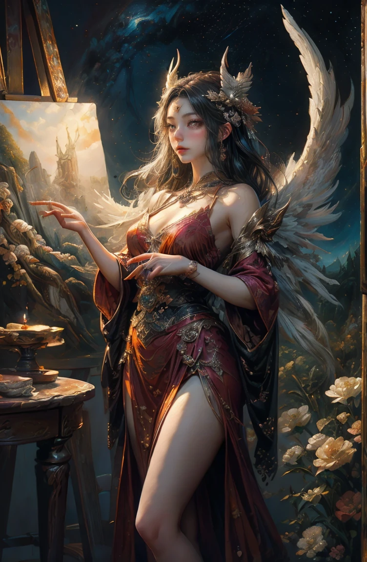 (Tabletop, Highest qualityの, (((((woman)))))、Highest quality, Official Art, (beautifully、beautiful:1.4), (Oil painting:1.4) ),（（male））  (lucifer), God of Japanese God Stories々々, fleeting beauty, A mysterious god illuminated by the starry sky, Winged Angel、god&#39;Grace, Calm and thoughtful expression, Flowing Heavenly Robe, Dazzling silver stars light up the night view, Dance of shadows and lights, Whispers of Ancient Legends、Very slender、