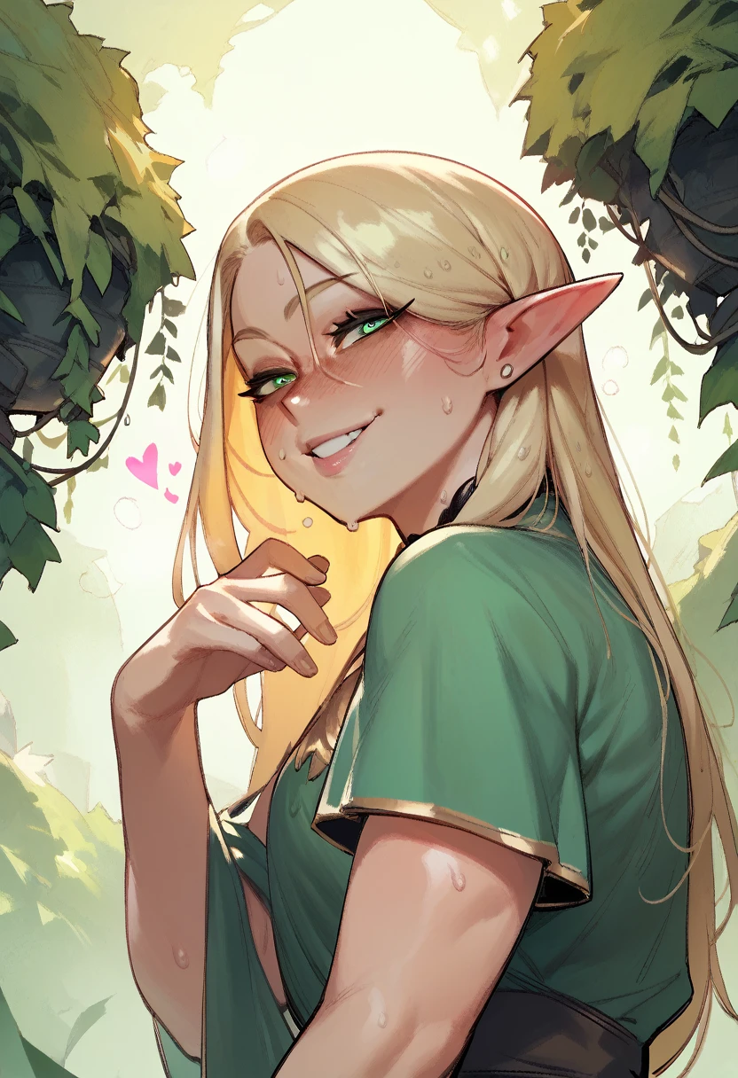 score_9, score_8_up, score_7_up, score_6_up, pretty green elf woman with long blonde hair, horny face, desire, sweat, green eyes, closeup, attractive smile, (heart shape), thin summer dress, perfect slim body
