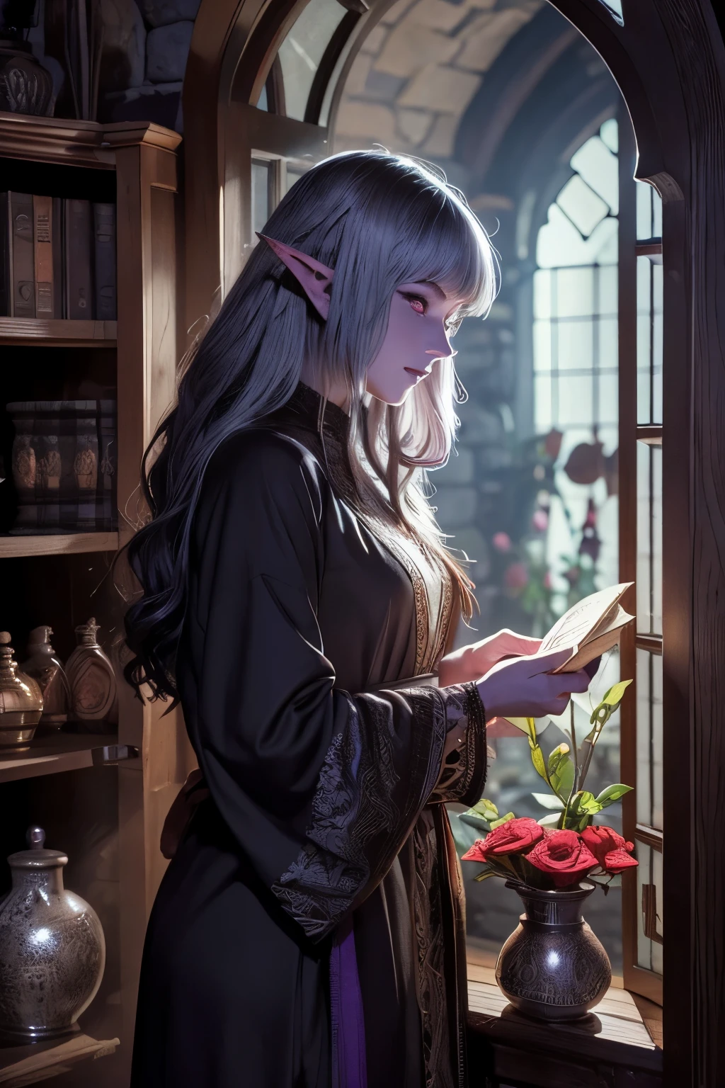 (Ultra-detailed face, looking away, Fantasy Illustration with Gothic, Ukiyo-e, Comic Art, Rich colors), 
BREAK 
(Here is the entrance to a medieval Scandinavian-style mansion made of stone and wood. Vases of colorful flowers line the shelves of the bay window.), 
BREAK 
(DarkElves: A middle-aged dark elf woman with silver color hair, blunt bangs, very long disheveled hair and dark purple color skin, lavender color eyes), 
BREAK 
(A female dark elf wears a reddish-bronze lace robe with reliefs and soft slippers.), 
BREAK 
(A dark elf woman happily tends to the flowers in the vases at the entrance.)