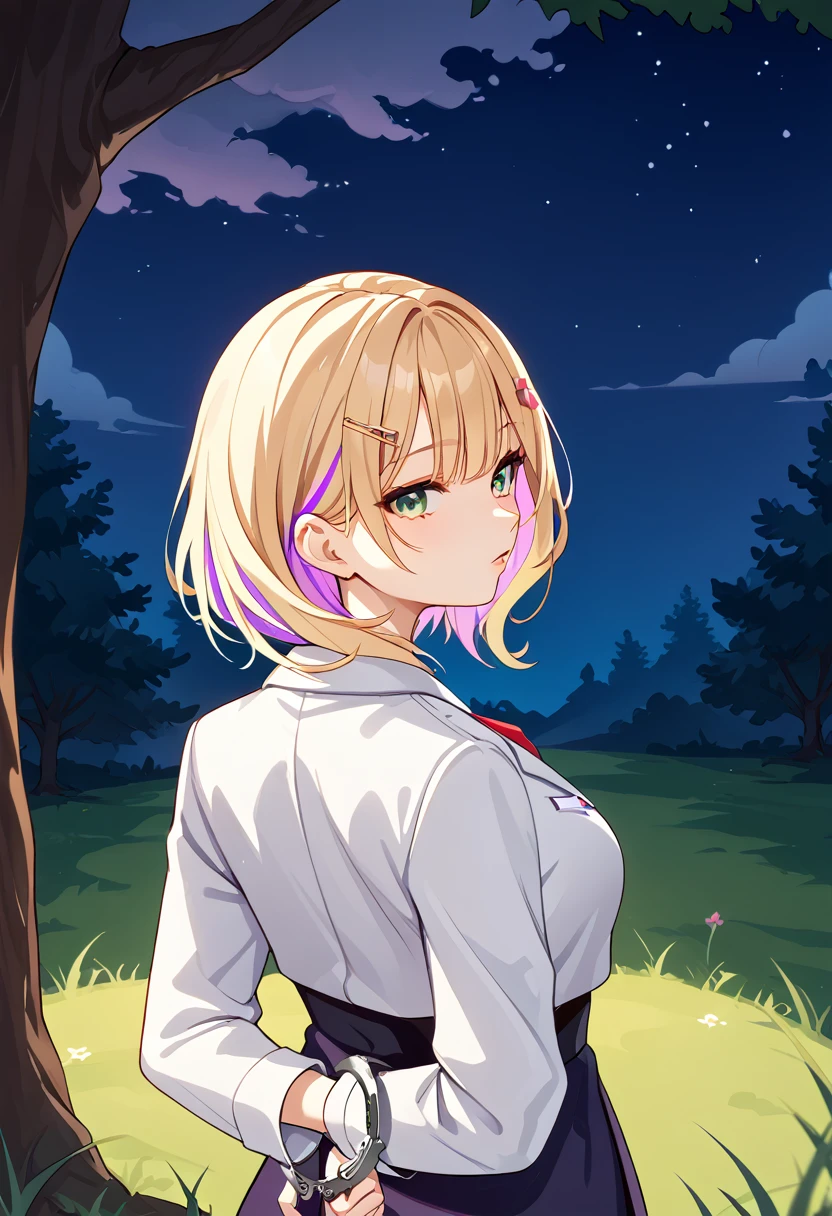 ((Highest quality))、(masterpiece)、night,In the grass、(Girl under the tree)Subjective、(back view)looking back、arms behind back、(handcuffs)、Upper Body、1glr,(colored inner hair　Blonde + purple inner hair))、score_9, score_8_up, source_アニメ,, NoahSleepwear, medium hair,、)Emerald Eyes、(A girl in a doctor&#39;s white coat and a red undershirt)medium breasts、pointy breasts、Purple hairpin。valley、(drunk:1.2)
