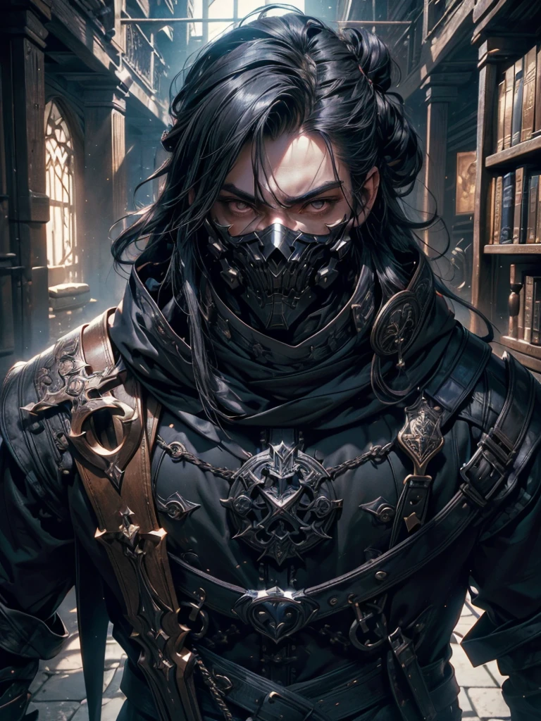 (masterpiece, high quality, cinematic lighting, backlighting, sharp colors)
Tall muscular young man, black hair tied in a bun, dark eyes, compact muscles. Face hidden by a full iron mask, expressionless. Wears medieval robe, leather shirt and pants, armor plates on vital areas. Dark crime scene background, shadowy atmosphere.