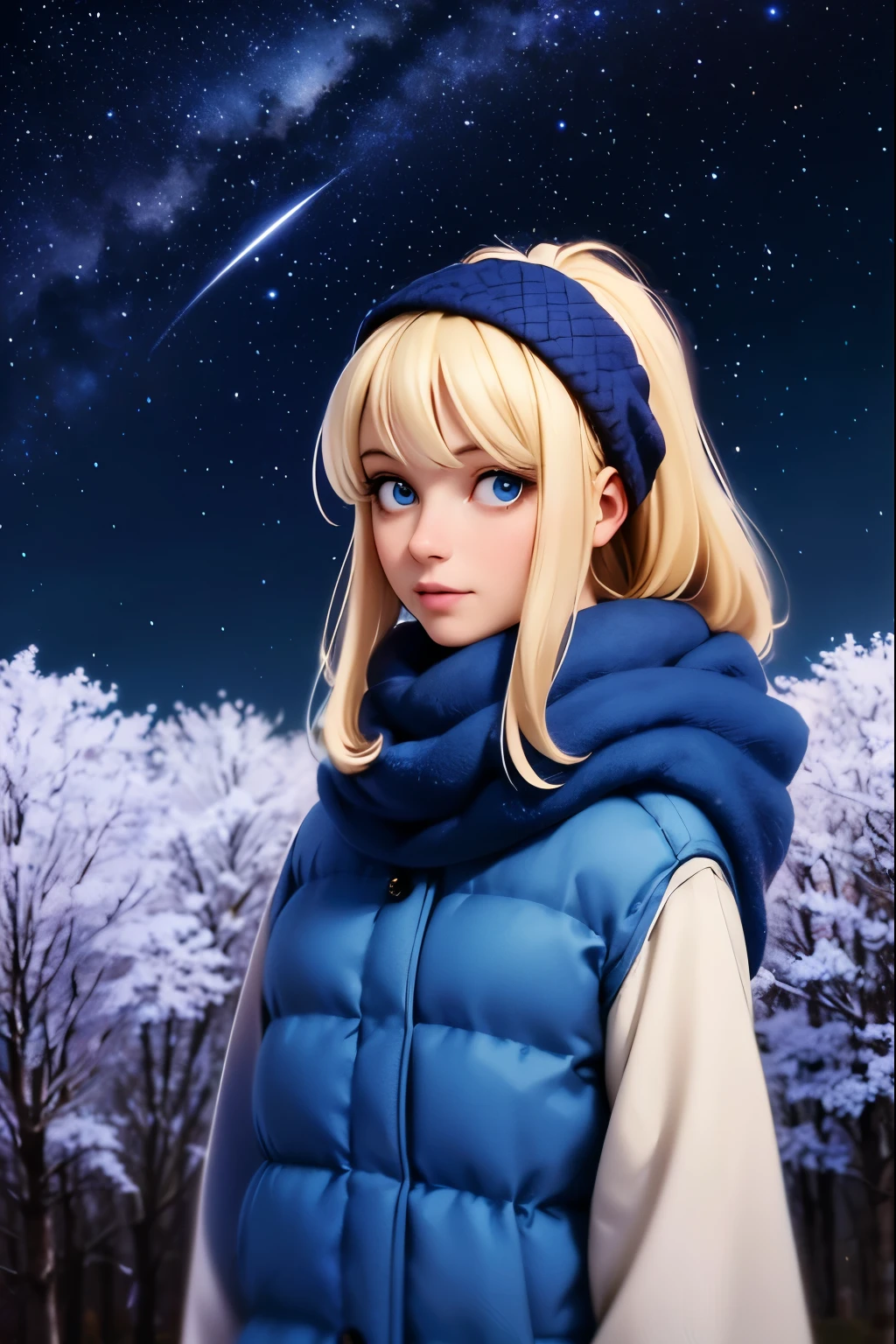 hills night sky. winter, winter colors, winter landscape, sky with stars, sky colors prussian blue cobalt blue purple cyan. planets, bright stars, shooting stars, windblown treetops moved by the wind, thre beautiful blonde girl in winter clothes observes the starry sky with a dreamy look.