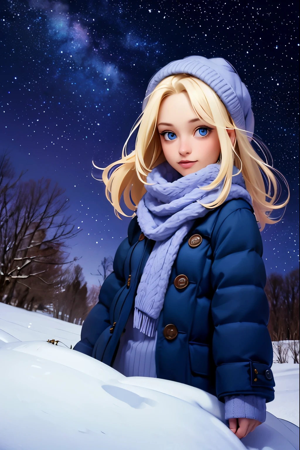 hills night sky. winter, winter colors, winter landscape, sky with stars, sky colors prussian blue cobalt blue purple cyan. planets, bright stars, shooting stars, windblown treetops moved by the wind, thre beautiful blonde girl in winter clothes observes the starry sky with a dreamy look.