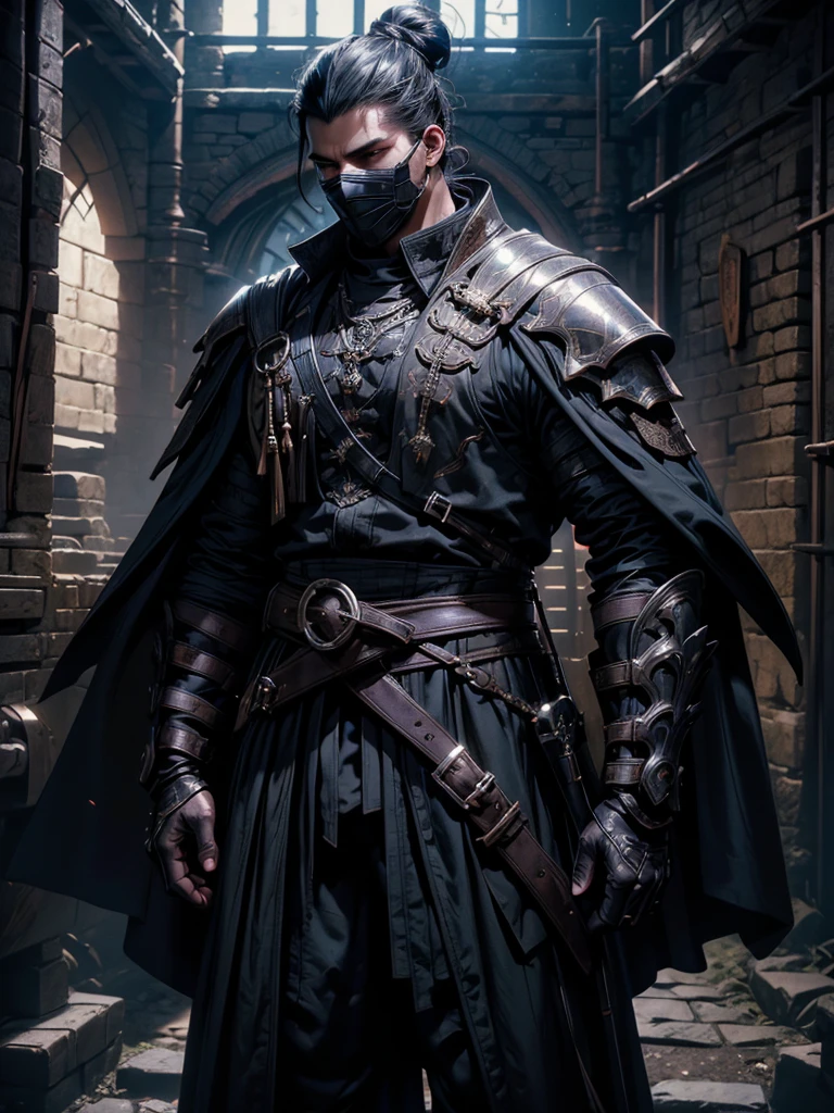 (masterpiece, high quality, cinematic lighting, backlighting, sharp colors)
Tall muscular young man, black hair tied in a bun, dark eyes, compact muscles. Face hidden by a full iron mask, expressionless. Wears medieval robe, leather shirt and pants, armor plates on vital areas. Dark crime scene background, shadowy atmosphere.