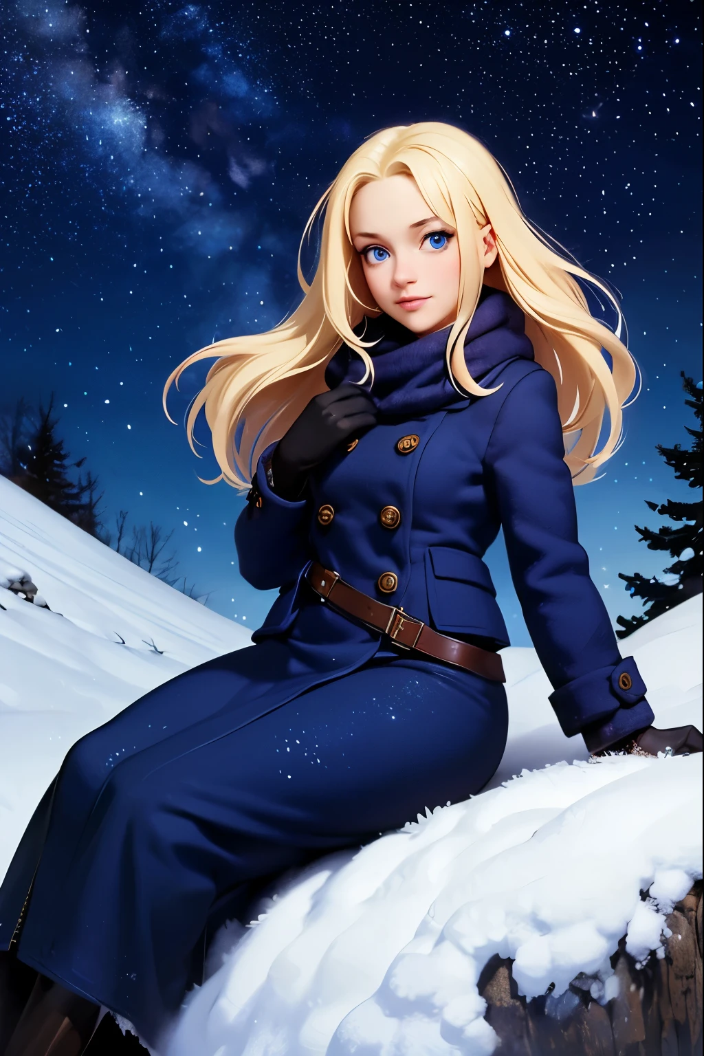 hills night sky. winter, winter colors, winter landscape, sky with stars, sky colors prussian blue cobalt blue purple cyan. planets, bright stars, shooting stars, windblown treetops moved by the wind, thre beautiful blonde girl in winter clothes observes the starry sky with a dreamy look.