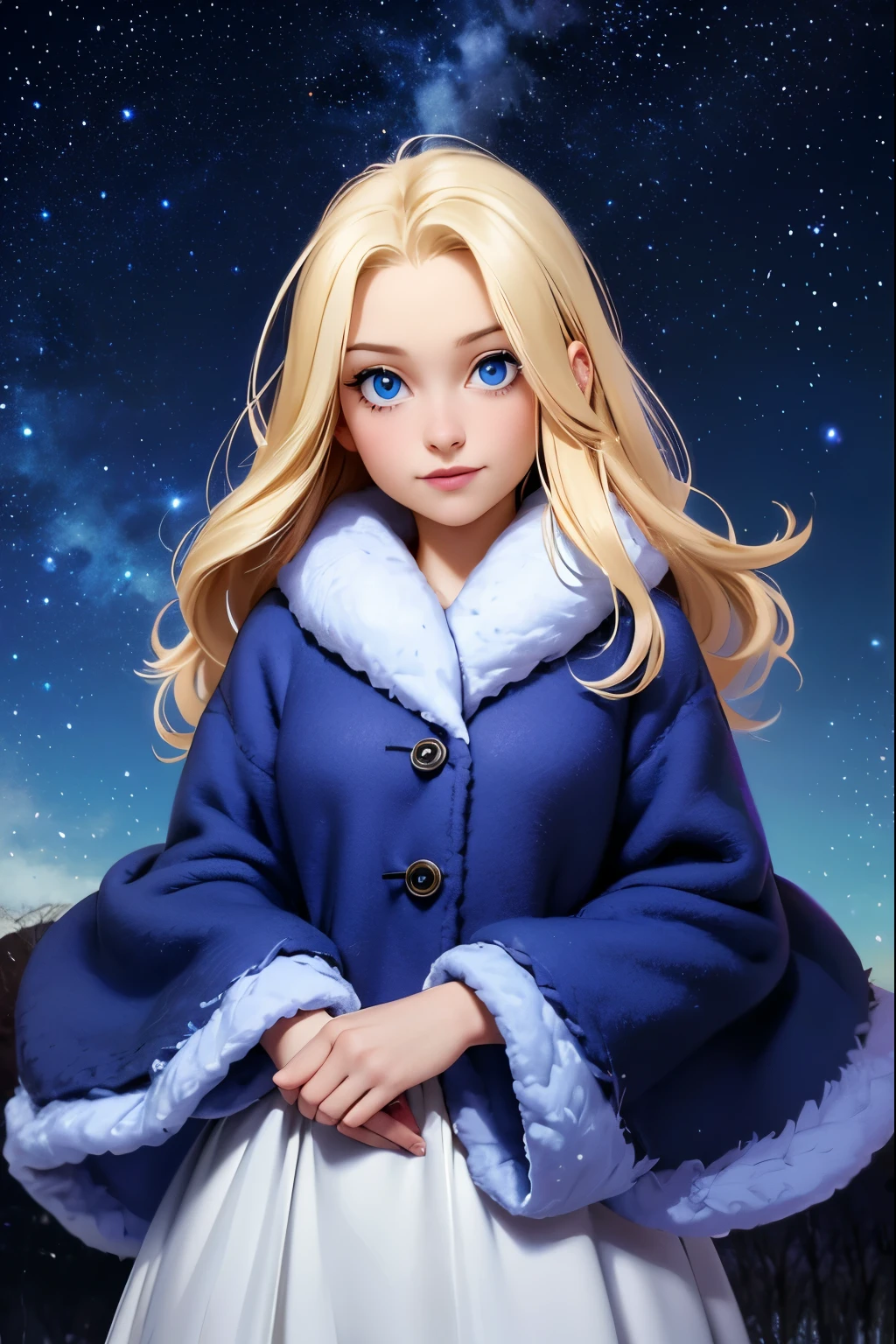 hills night sky. winter, winter colors, winter landscape, sky with stars, sky colors prussian blue cobalt blue purple cyan. planets, bright stars, shooting stars, windblown treetops moved by the wind, thre beautiful blonde girl in winter clothes observes the starry sky with a dreamy look.