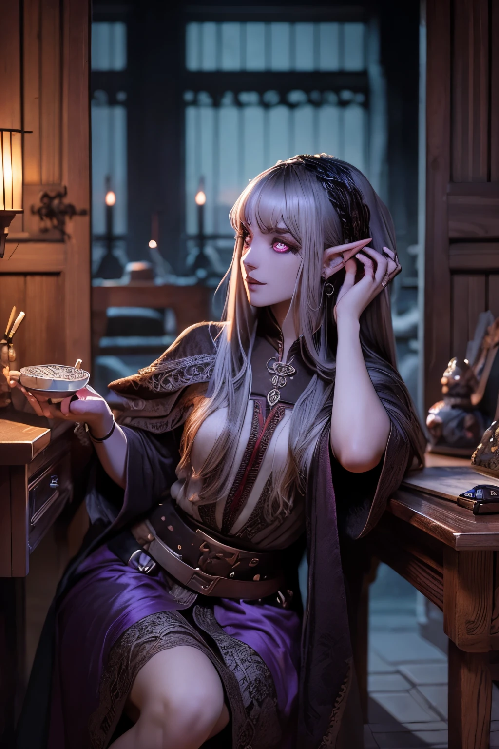 (Ultra-detailed face, looking away, Fantasy Illustration with Gothic, Ukiyo-e, Comic Art, Rich colors), 
BREAK 
(This is the study of a medieval Scandinavian-style mansion made of stone and wood. It has moody lighting and a modern wooden desk and table.), 
BREAK 
(DarkElves: A middle-aged dark elf woman with silver color hair, blunt bangs, very long disheveled hair and dark purple color skin, lavender color eyes), 
BREAK 
(A female dark elf wears a reddish-bronze lace robe with reliefs and soft slippers.), 
BREAK 
(A dark elf woman happily wipes her back in the study.)