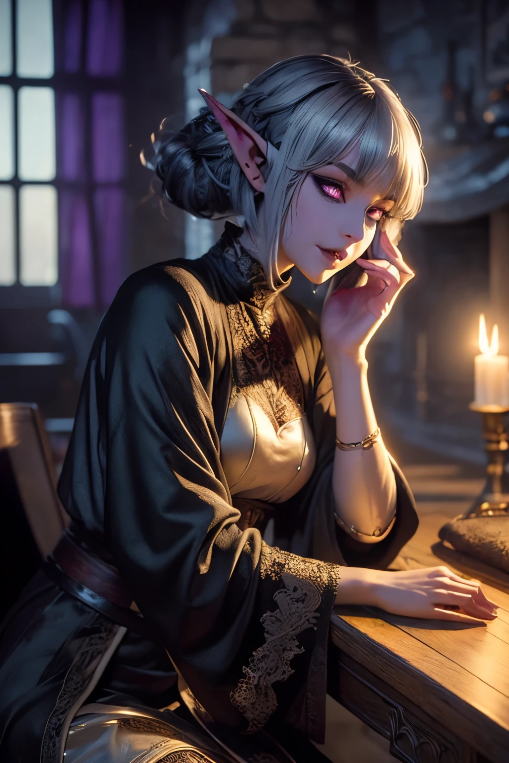 (Ultra-detailed face, looking away, Fantasy Illustration with Gothic, Ukiyo-e, Comic Art, Rich colors), 
BREAK 
(This is the study of a medieval Scandinavian-style mansion made of stone and wood. It has moody lighting and a modern wooden desk and table.), 
BREAK 
(DarkElves: A middle-aged dark elf woman with silver color hair, blunt bangs, very long disheveled hair and dark purple color skin, lavender color eyes), 
BREAK 
(A female dark elf wears a reddish-bronze lace robe with reliefs and soft slippers.), 
BREAK 
(A dark elf woman happily wipes her back in the study.)