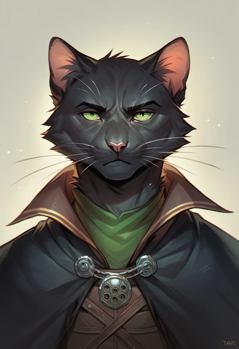 masterpiece, expressive eyes, perfect face, best quality, 1boy, male focus, solo focus, Adult, Tabaxi, Black fur, Cat, Cat tail, Green eyes, Rogue, bloodbourne, black capelet,
