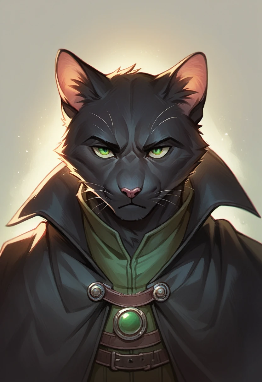 masterpiece, expressive eyes, perfect face, best quality, 1boy, male focus, solo focus, Adult, Tabaxi, Black fur, Cat, Cat tail, Green eyes, Rogue, bloodbourne, black capelet,
