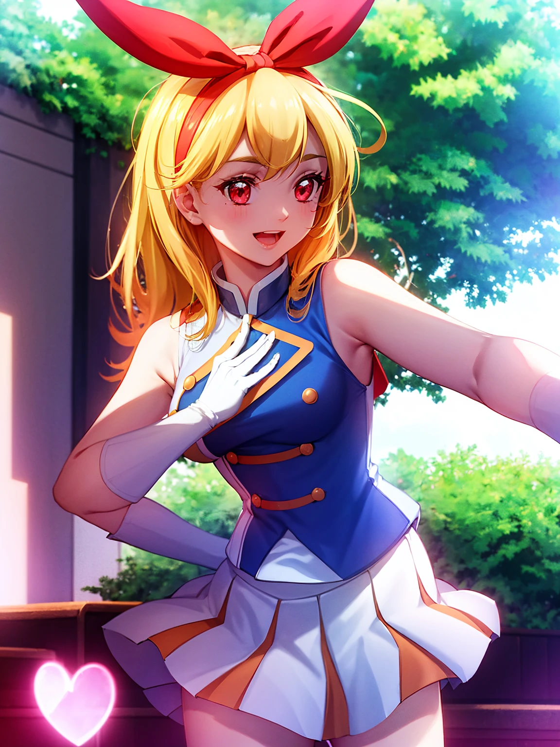 (red ribbon on hairband:1.2),masterpiece, best quality, highres, 1girl, solo, Blonde hair, RED eyes, mole under eye, band uniform, sleeveless, white gloves, pleated skirt, knee boots, cowboy shot, hand on hip, smile, open mouth, outdoors