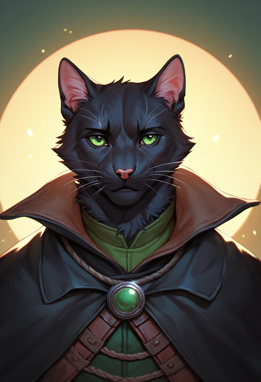 masterpiece, expressive eyes, perfect face, best quality, 1boy, male focus, solo focus, Adult, Tabaxi, Black fur, Cat, Cat tail, Green eyes, Rogue, bloodbourne, black capelet,
